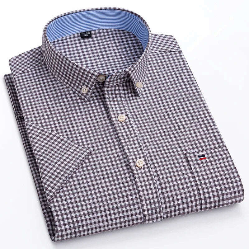 Men's high-quality Oxford cotton short sleeved shirt for summer comfort breathable classic solid color plaid business leisure Quick Pick Grocers